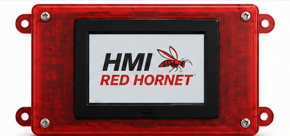 HMI Red Hornet industrial HMI controller with translucent red enclosure